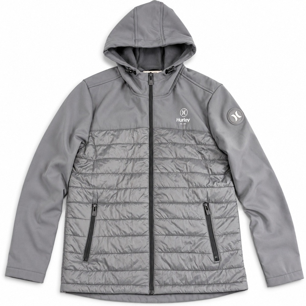 Hurley Mens Size M Hybrid Softshell Jacket Gray Quilted Fleece Hooded Full Zip